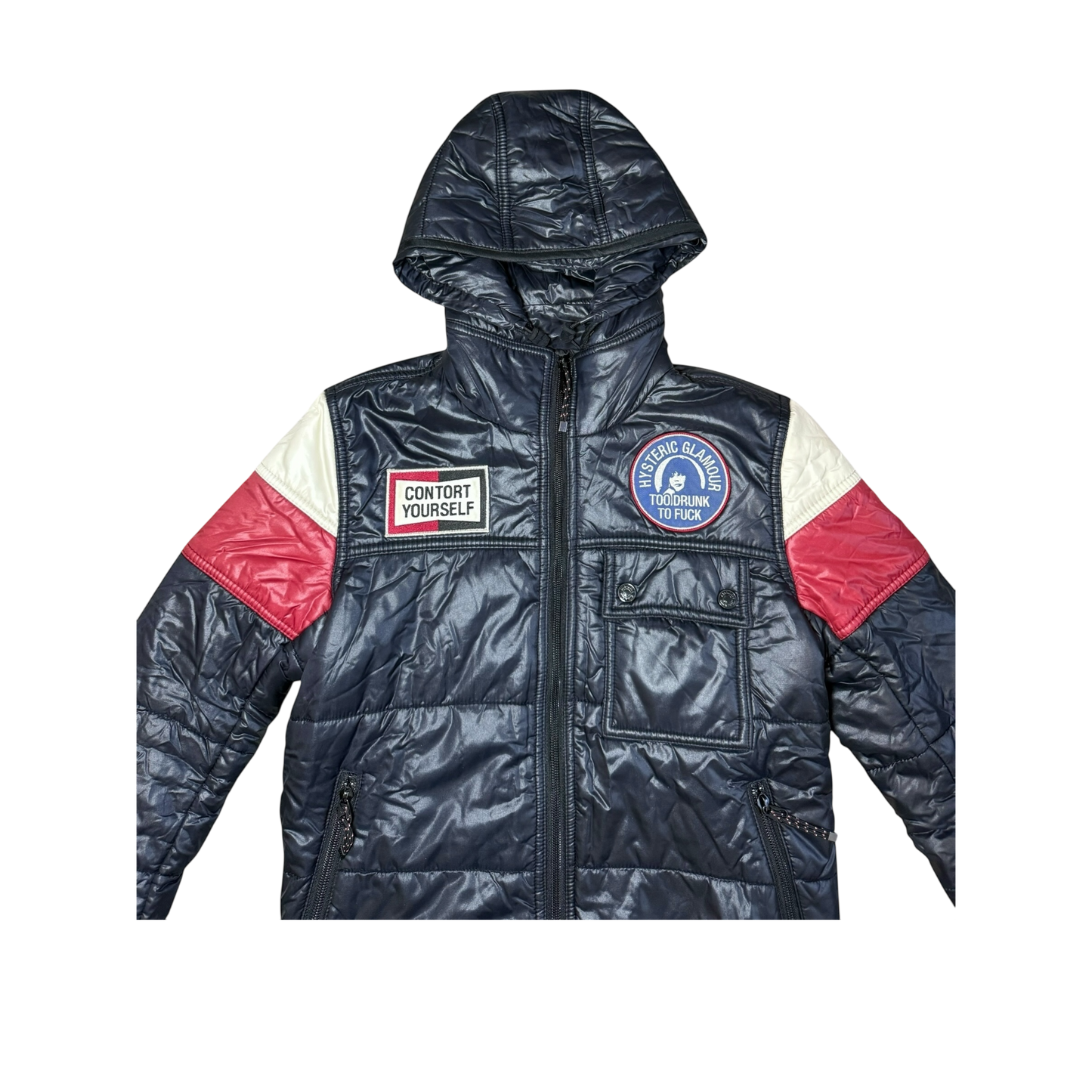 Punk Vintage Exclusive Hysteric Glamour “Contort Yourself” Light Prima Loft Puffer with Patches