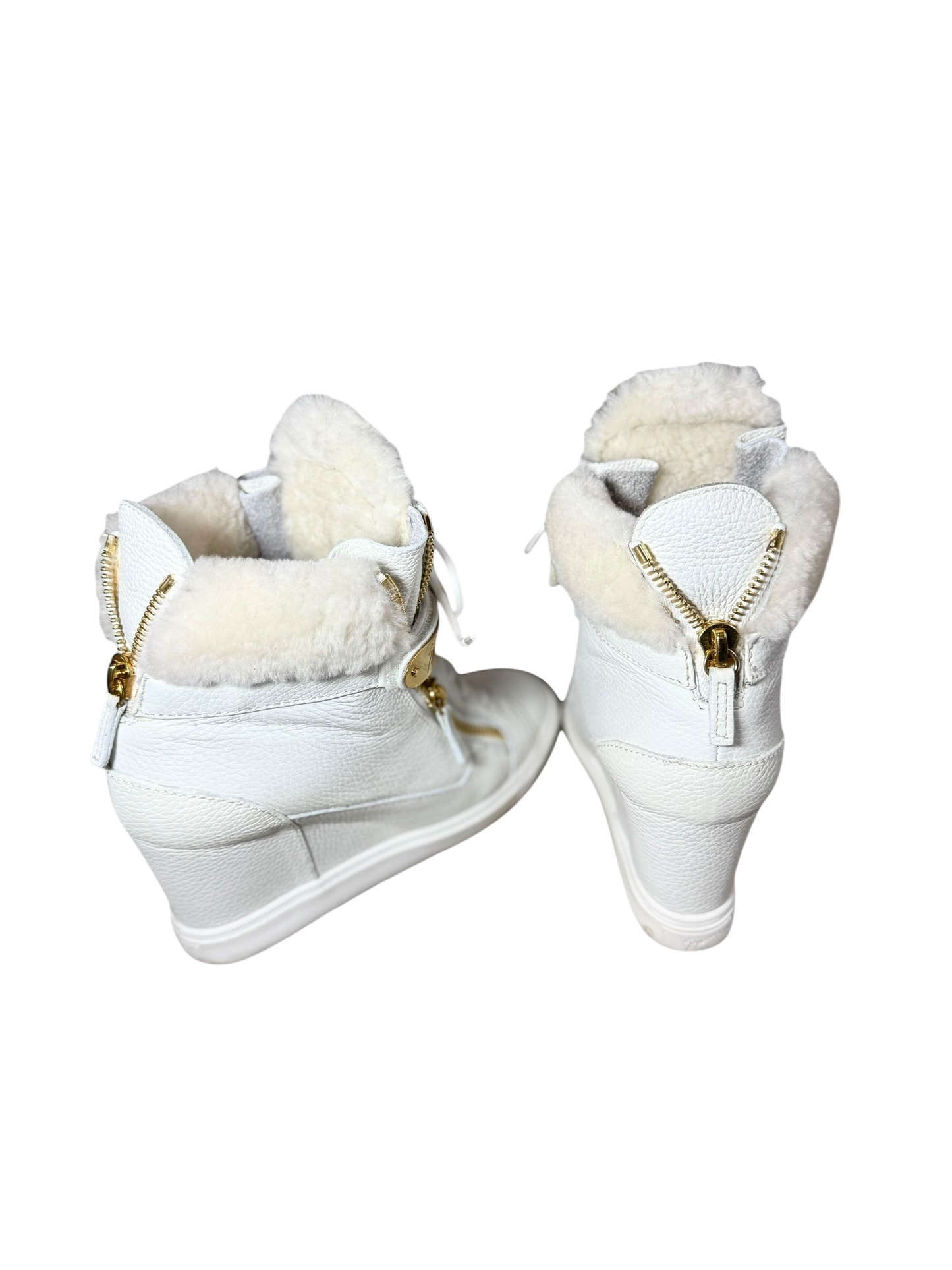 Giuseppe Zanotti White Fur Leather Chain Tumbled Wedge Boots
