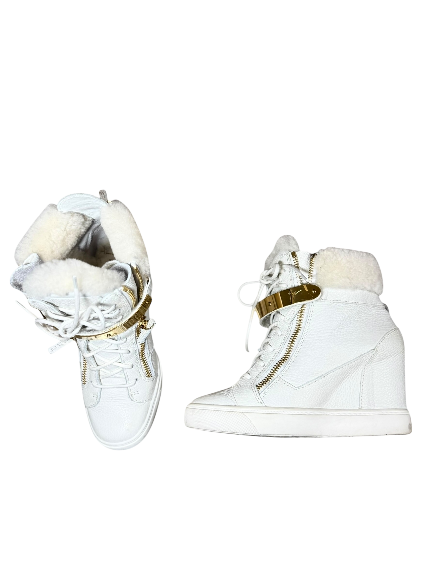 Giuseppe Zanotti White Fur Leather Chain Tumbled Wedge Boots
