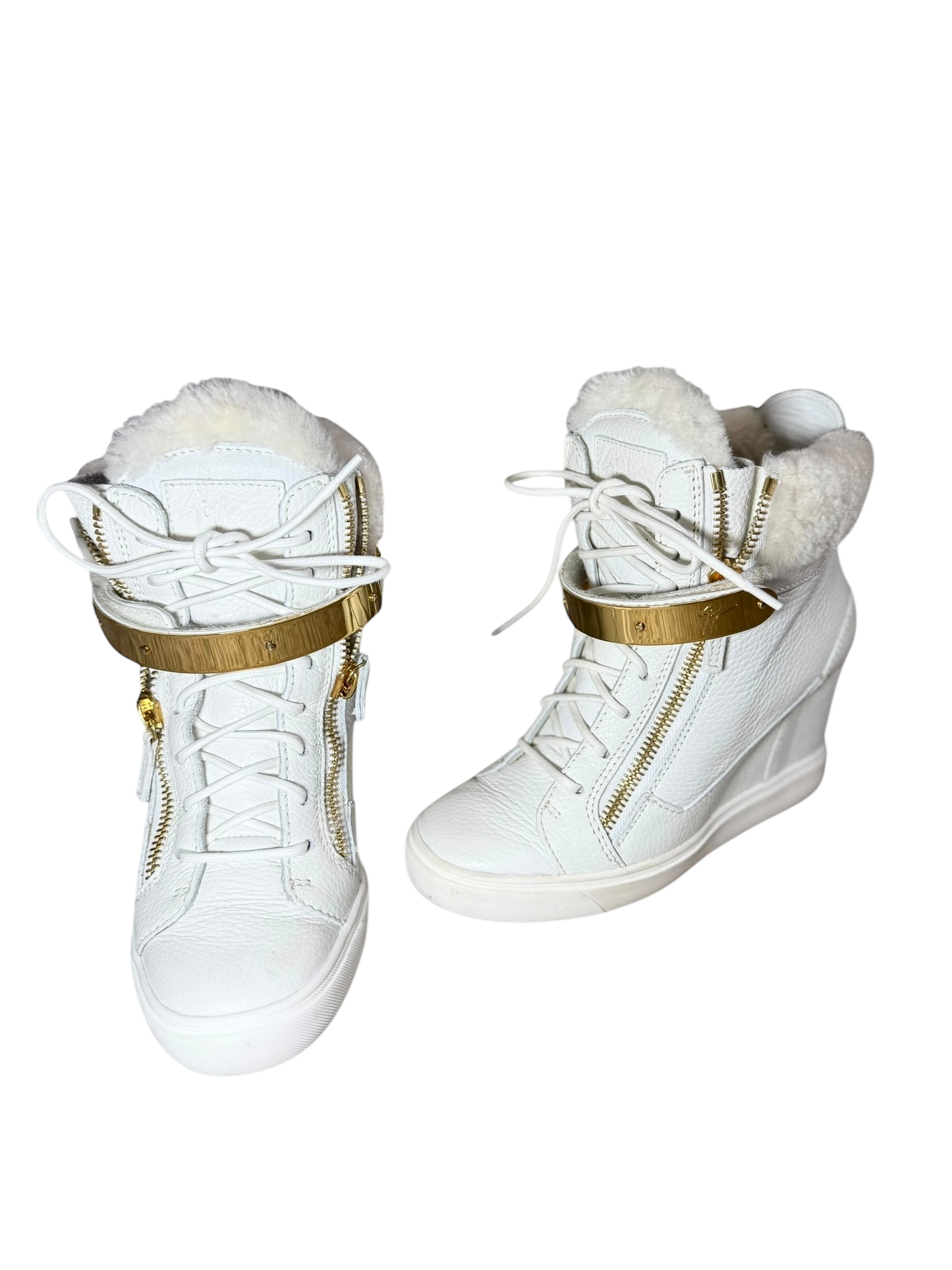 Giuseppe Zanotti White Fur Leather Chain Tumbled Wedge Boots