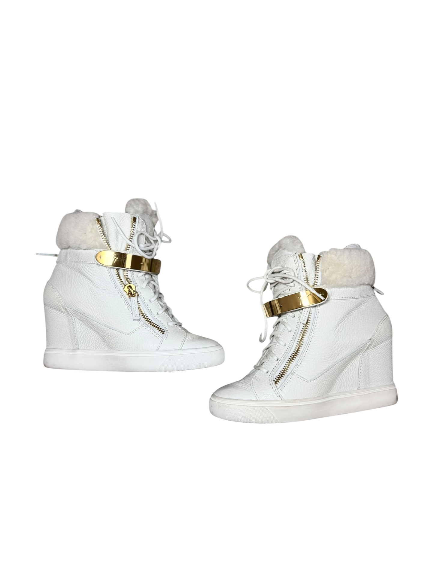 Giuseppe Zanotti White Fur Leather Chain Tumbled Wedge Boots