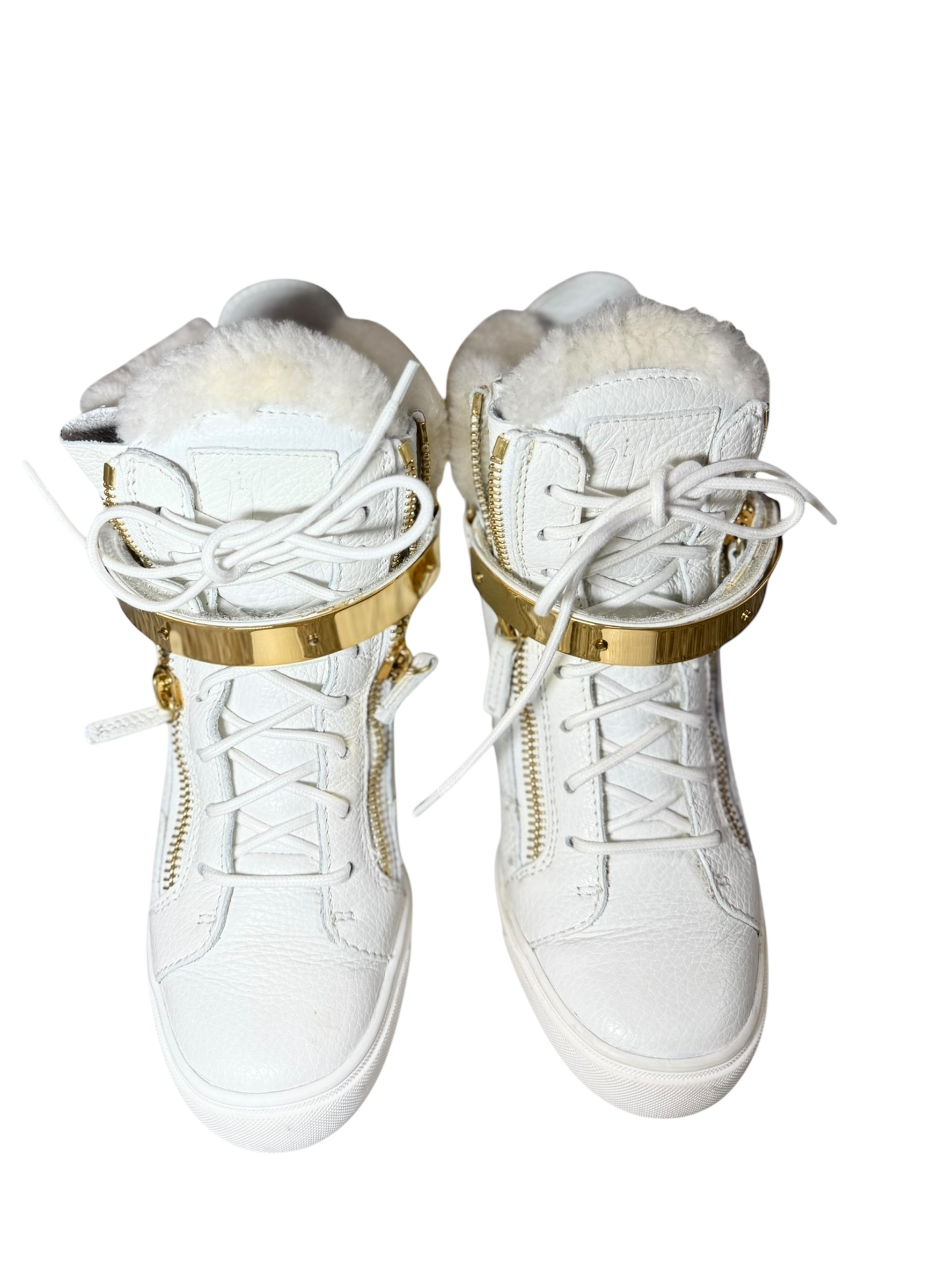 Giuseppe Zanotti White Fur Leather Chain Tumbled Wedge Boots