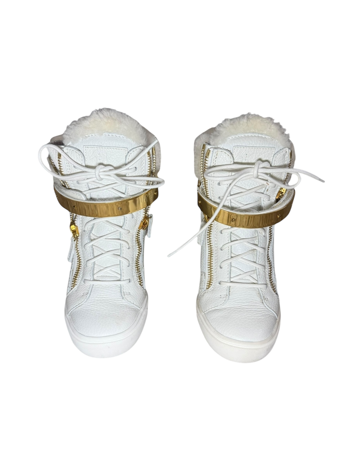 Giuseppe Zanotti White Fur Leather Chain Tumbled Wedge Boots