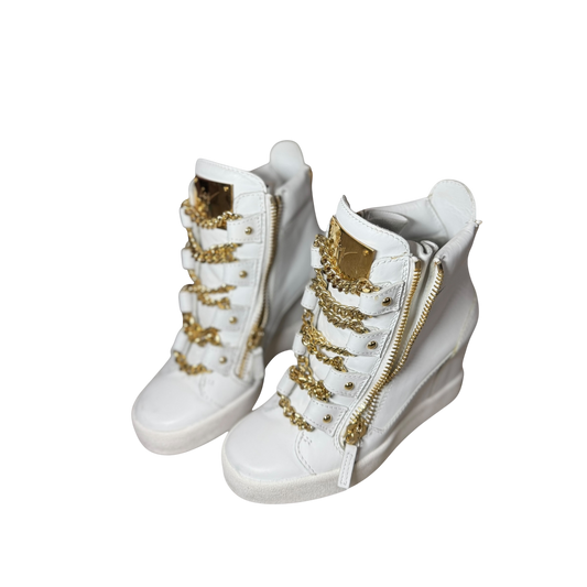 Giuseppe Zanotti White Leather and Gold Chain Design Pump Wedge Sneakers