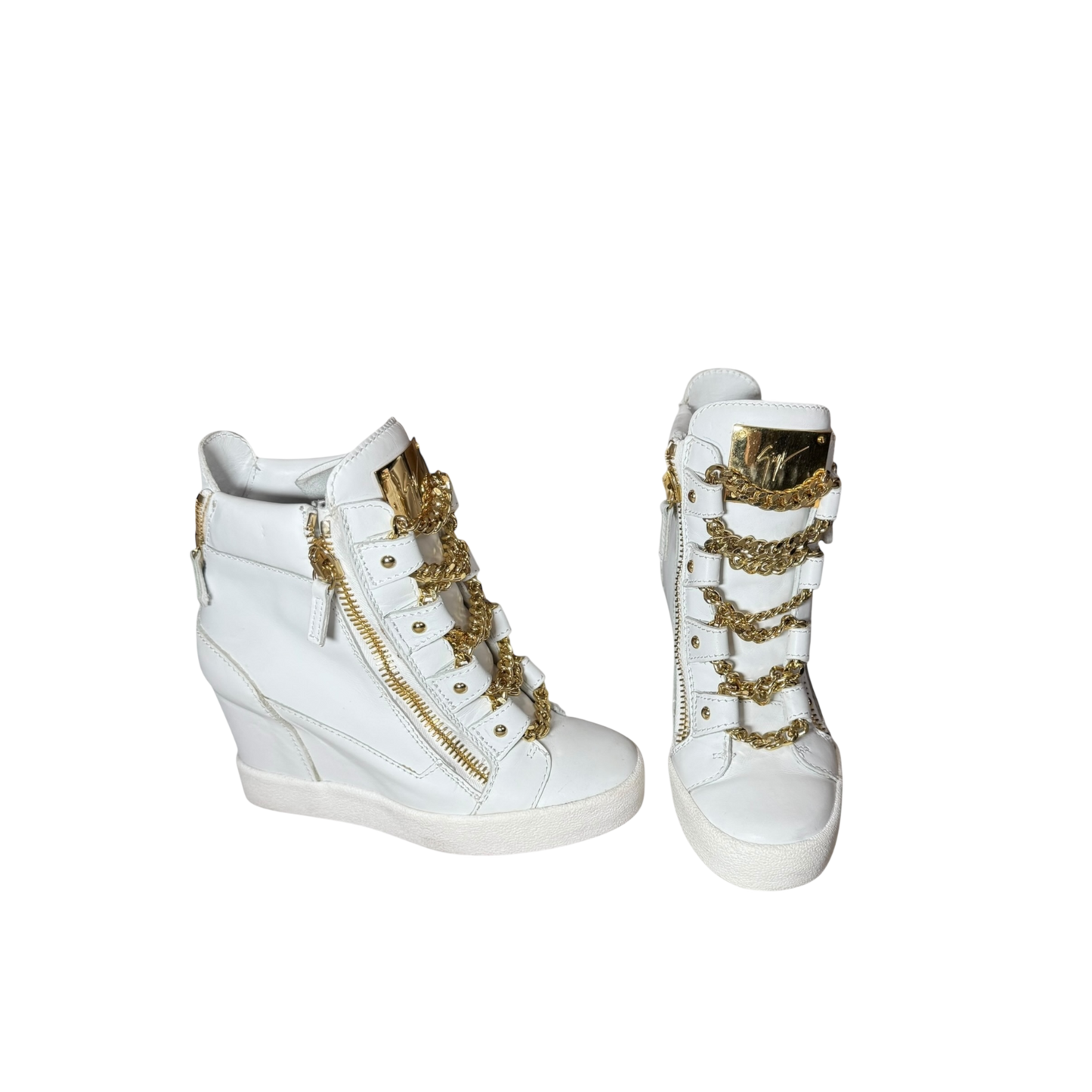 Giuseppe Zanotti White Leather and Gold Chain Design Pump Wedge Sneakers