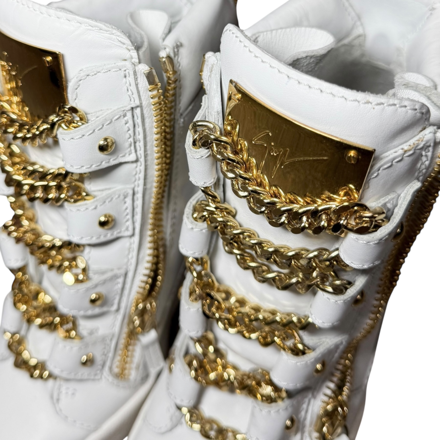 Giuseppe Zanotti White Leather and Gold Chain Design Pump Wedge Sneakers