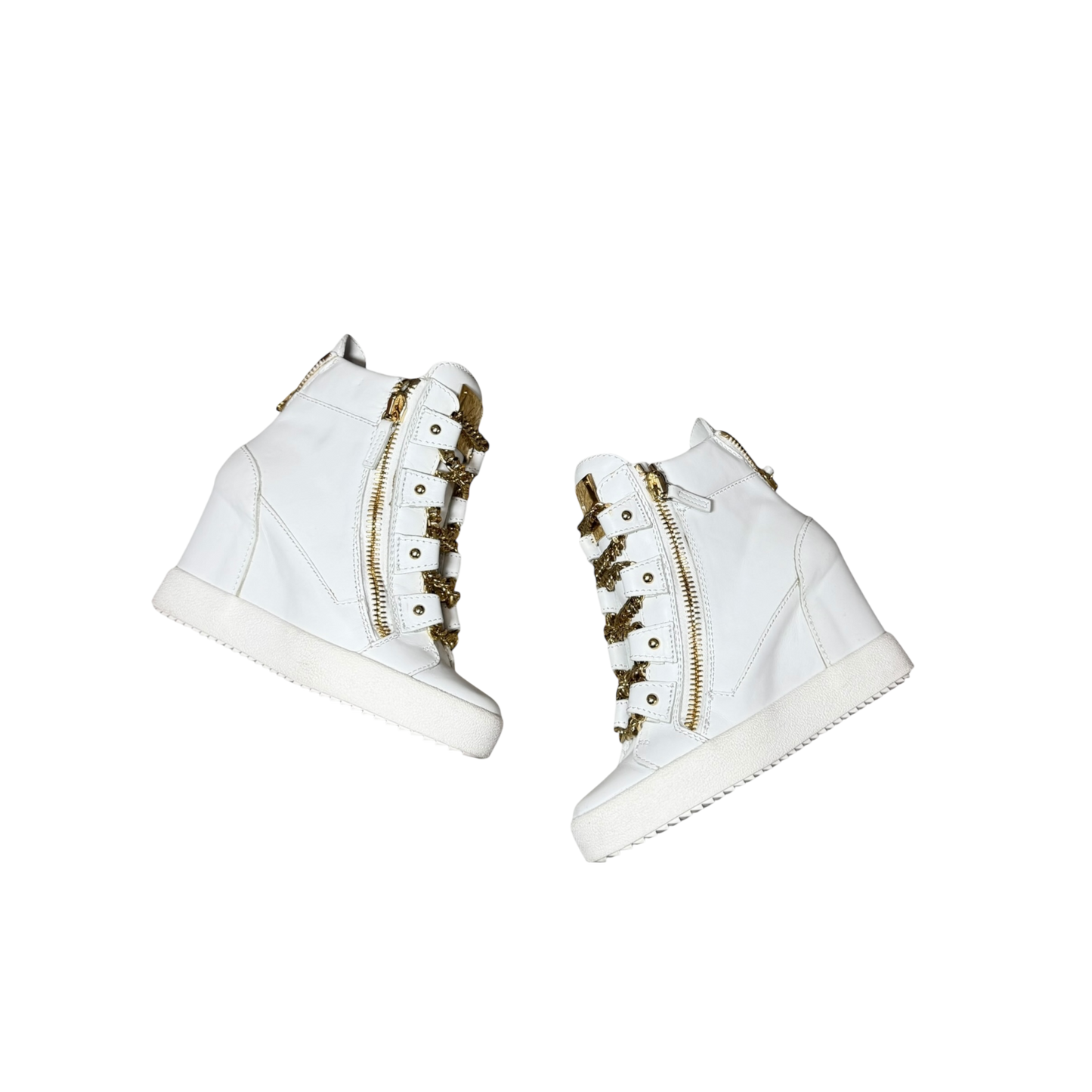 Giuseppe Zanotti White Leather and Gold Chain Design Pump Wedge Sneakers