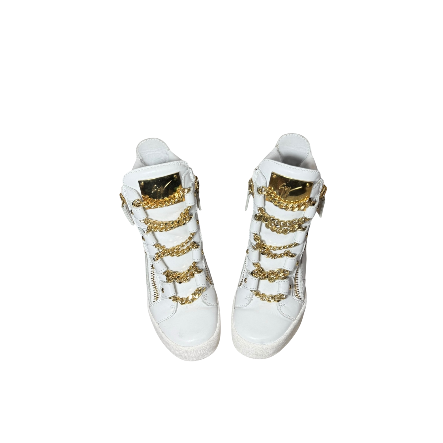 Giuseppe Zanotti White Leather and Gold Chain Design Pump Wedge Sneakers